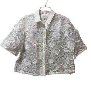 NEW Chico’s lace shirt solid alabaster White Size Large Button Up Travel Fairy